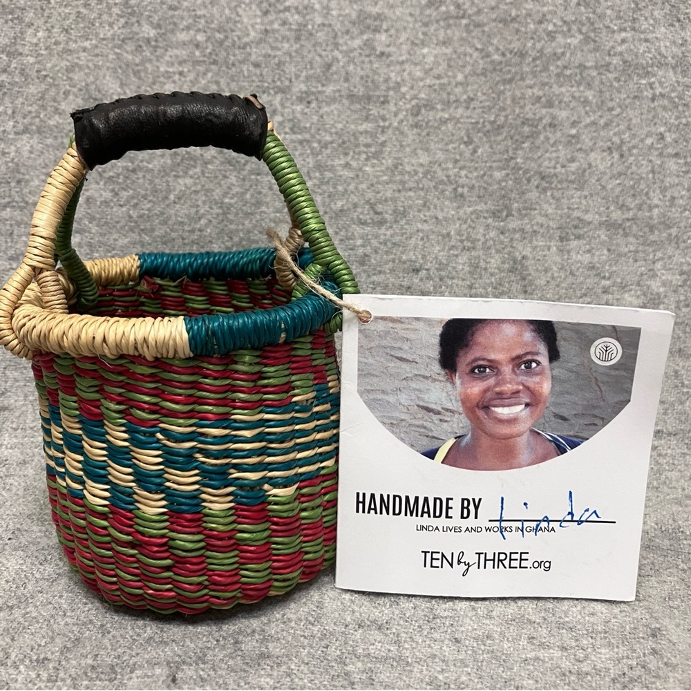 Ghana Bolga Basket Mini Tiny Gratitude Small Multicolor Handmade Leather Handle